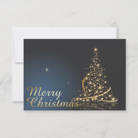 ゴールデンクリスマスツリー付きブルークリスマステーマ 招待状 (正面)
