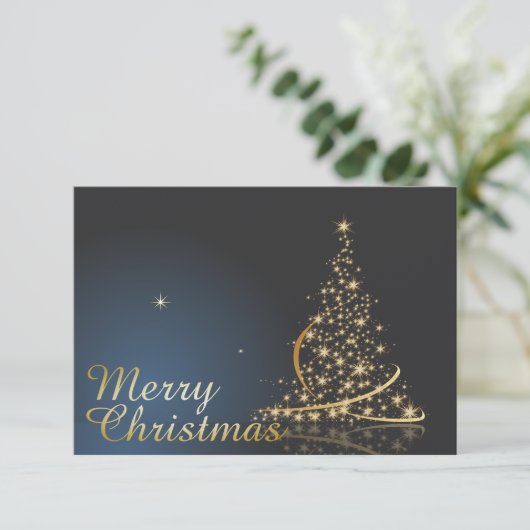 ゴールデンクリスマスツリー付きブルークリスマステーマ 招待状 (スタンド正面)