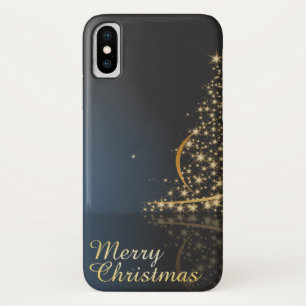 ゴールデンクリスマスツリー付きブルークリスマステーマ iPhone X ケース