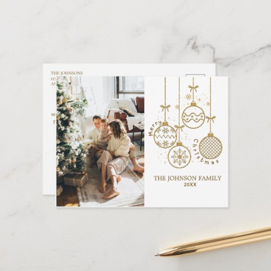 ゴールデンクリスマスデコレーションボール写真 シーズンポストカード (正面/裏面インサイチュ)