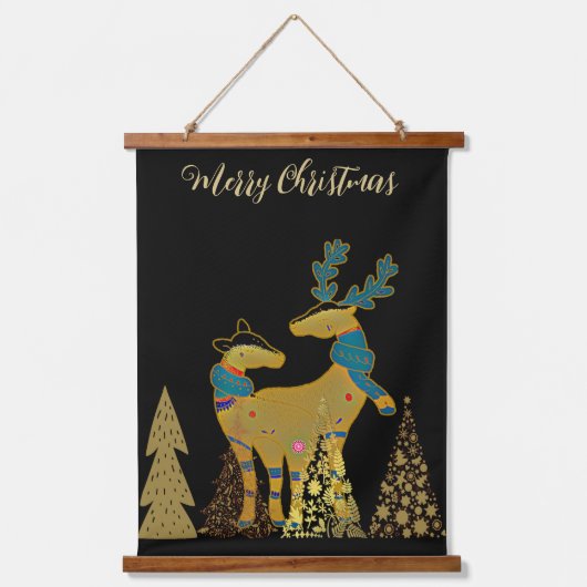 ゴールデンクリスマストナカイのカップルの木の壁の装飾 吊り下げ型タペストリー (正面)