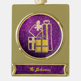 ゴールデンクリスマスプレゼントパープルフェイクグリッター ゴールドプレートバナーオーナメント