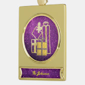 ゴールデンクリスマスプレゼントパープルフェイクグリッター ゴールドプレートバナーオーナメント (左)