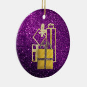ゴールデンクリスマスプレゼントパープルフェイクグリッター セラミックオーナメント (右)