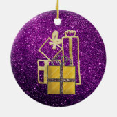 ゴールデンクリスマスプレゼントパープルフェイクグリッター セラミックオーナメント (裏面)