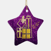 ゴールデンクリスマスプレゼントパープルフェイクグリッター セラミックオーナメント (右)