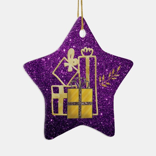 ゴールデンクリスマスプレゼントパープルフェイクグリッター セラミックオーナメント (右)