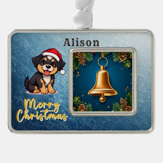 ゴールデンクリスマスベルレッドボーに囲まれたフェスティバル シルバープレートフレームオーナメント (正面)