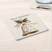 ゴールデンクリスマスベル光沢のある星グリーン離れ スクエアペーパーコースター (アングル)