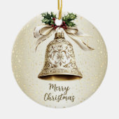 ゴールデンクリスマスベル光沢のある星グリーン離れ セラミックオーナメント (正面)