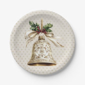 ゴールデンクリスマスベル光沢のある星グリーン離れ ペーパープレート (正面)