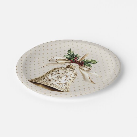 ゴールデンクリスマスベル光沢のある星グリーン離れ ペーパープレート (アングル)