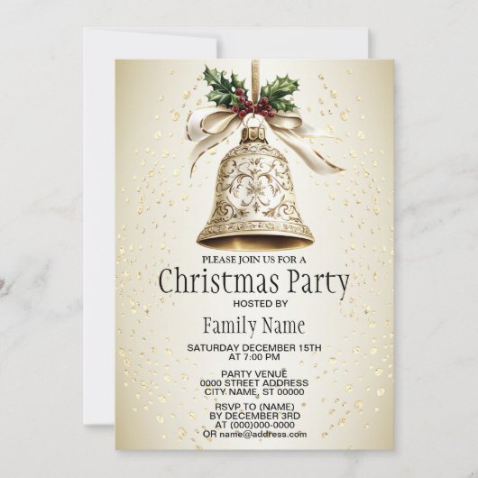 ゴールデンクリスマスベル光沢のある星グリーン離れ 招待状 (正面)
