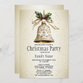 ゴールデンクリスマスベル光沢のある星グリーン離れ 招待状 (正面/裏面)