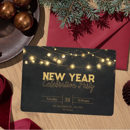 ゴールデンクリスマスライトミニマリスト新年 招待状