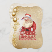 ゴールデンクリスマス背景に赤いサンタ 招待状 (正面/裏面)