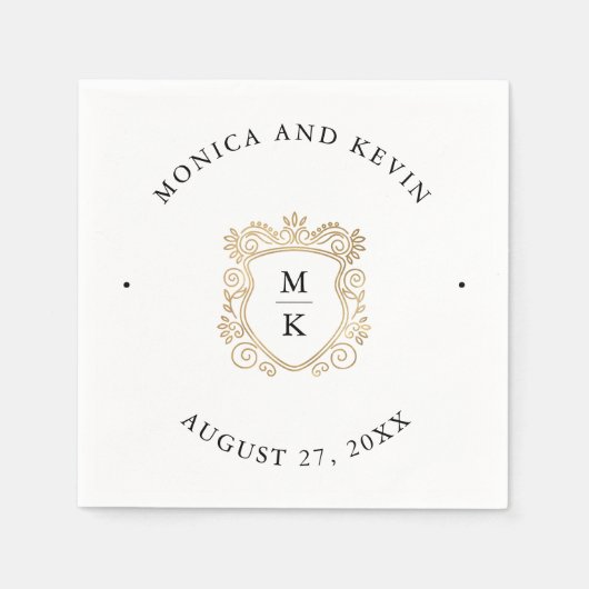 ゴールデンクレスト |エレガント白黒結婚の スタンダードカクテルナプキン (正面)