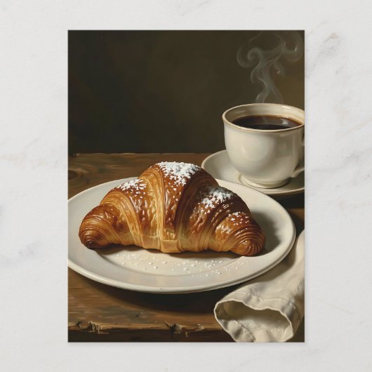 ゴールデンクロワッサンのコーヒー静物画 ポストカード (正面)