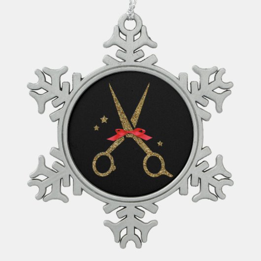 ゴールデングリッターシザーズヘアドレッサースタイルリストOrn スノーフレークピューターオーナメント (正面)