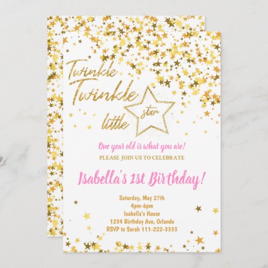 ゴールデングリッタートゥインクルリトルスター誕生日招待状 招待状 (正面/裏面)