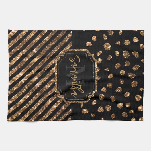 ゴールデングリッタードットとストライプ キッチンタオル (横)