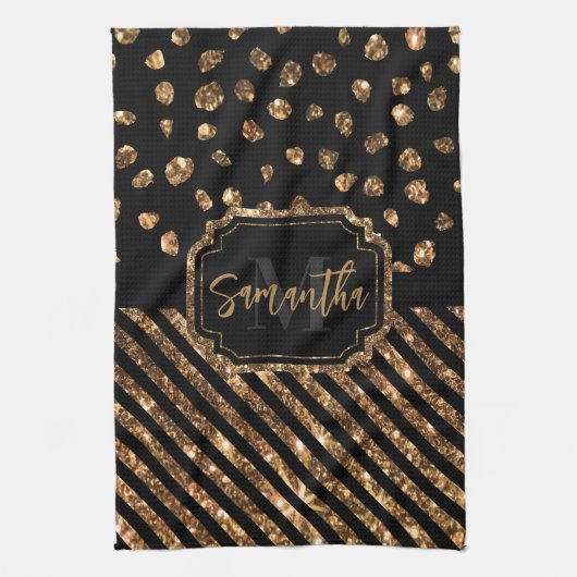 ゴールデングリッタードットとストライプ キッチンタオル (縦)