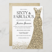 ゴールデングリッタードレス女性60thバースデーパーティー 招待状 (正面/裏面)