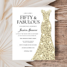 ゴールデングリッタードレス50th誕生日バジェット招待状