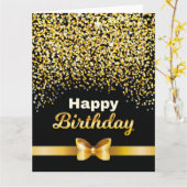 ゴールデングリッターハッピーバースデー黒背景 カード (黄色い花)
