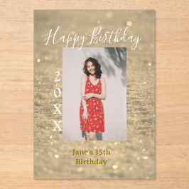 ゴールデングリッターハッピー15th誕生日の写真名year アクリル招待状