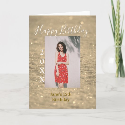 ゴールデングリッターハッピー15th誕生日の写真名year カード (正面)