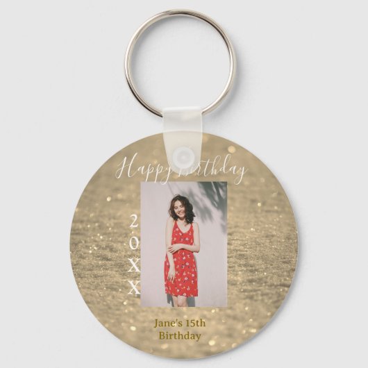 ゴールデングリッターハッピー15th誕生日の写真名year キーホルダー (正面)