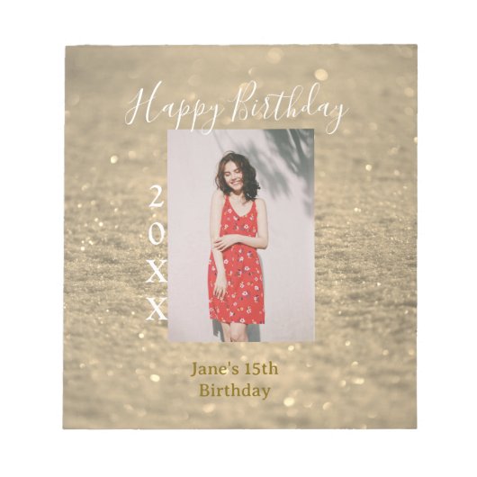 ゴールデングリッターハッピー15th誕生日の写真名year ノートパッド (正面)