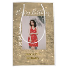 ゴールデングリッターハッピー15th誕生日の写真名year ミディアムペーパーバッグ