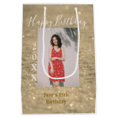 ゴールデングリッターハッピー15th誕生日の写真名year ミディアムペーパーバッグ (裏面)