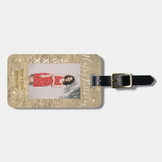 ゴールデングリッターハッピー15th誕生日の写真名year ラゲッジタグ (正面横)