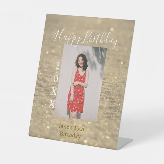 ゴールデングリッターハッピー15th誕生日の写真名year 台座サイン (正面)
