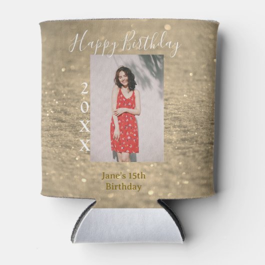 ゴールデングリッターハッピー15th誕生日の写真名year 缶クーラー (正面)
