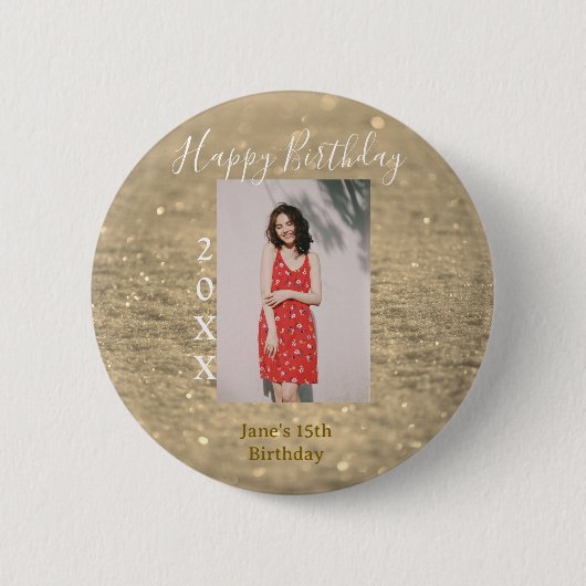 ゴールデングリッターハッピー15th誕生日の写真名year 缶バッジ (正面)