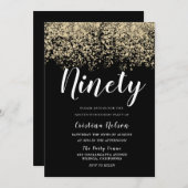 ゴールデングリッターブラックメンズまたは女性90th誕生日 招待状 (正面/裏面)