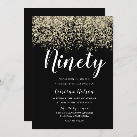 ゴールデングリッターブラックメンズまたは女性90th誕生日 招待状 (正面/裏面)
