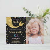ゴールデングリッターマーメイドテール誕生日と写真 招待状 (スタンド正面)