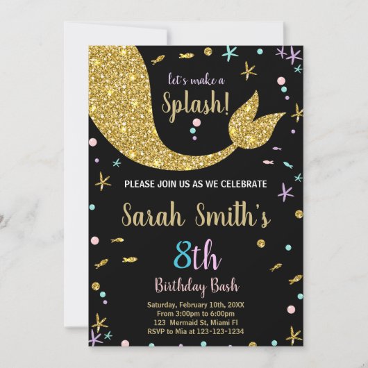 ゴールデングリッターマーメイドテール誕生日招待状 招待状 (正面)