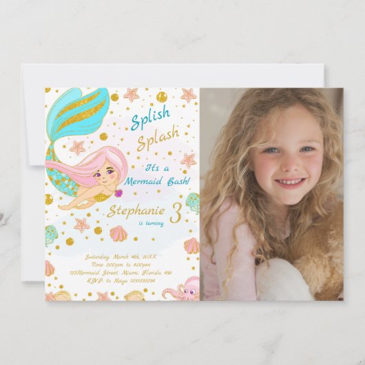 ゴールデングリッターマーメイド誕生日招待状 招待状 (正面)