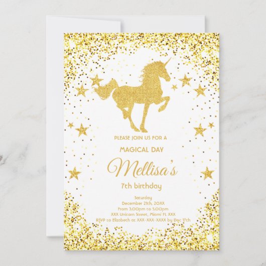 ゴールデングリッターユニコーン誕生日の招待状 招待状 (正面)