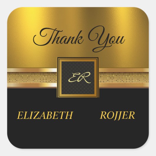 ゴールデングリッターラグジュアリー結婚ブラックズ スクエアシール (正面)