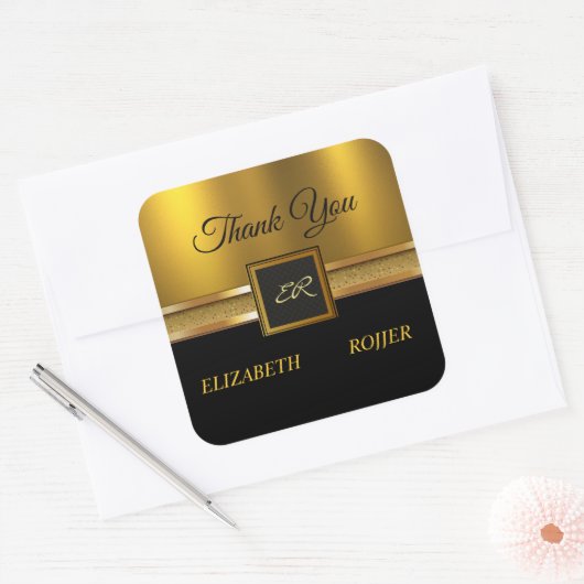 ゴールデングリッターラグジュアリー結婚ブラックズ スクエアシール (封筒)