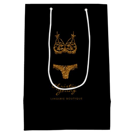 ゴールデングリッターランジェリーブティックロゴビジネス ミディアムペーパーバッグ (裏面)