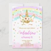 ゴールデングリッターレインボーユニコーン誕生日招待状 招待状 (正面)