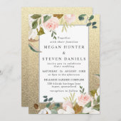 ゴールデングリッター赤面ホワイトフローラエレガントな結婚式 招待状 (正面/裏面)